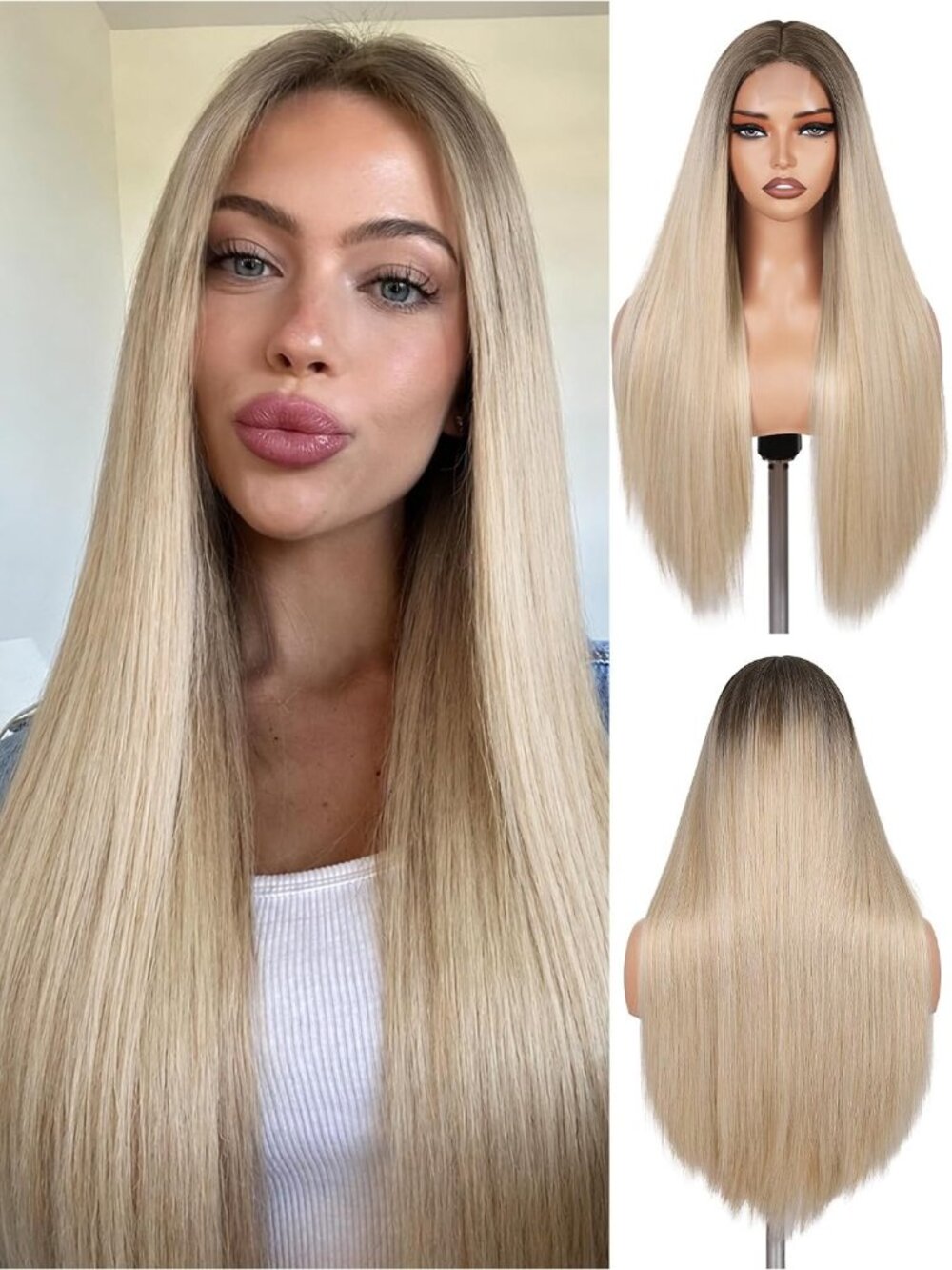 Women's Ombre Blonde 26 Inch Heat Resistant Straight Middle Part Synthetic Wigs
